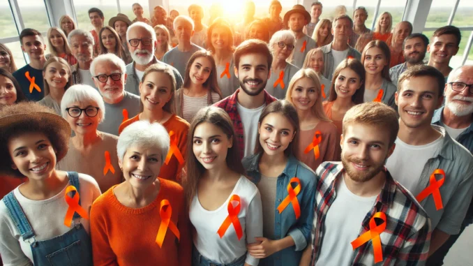 Menschen mit orangen Schleifen