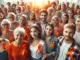 Menschen mit orangen Schleifen