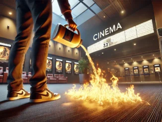 Ein Mensch legt gerade einen Brand in einem Kino