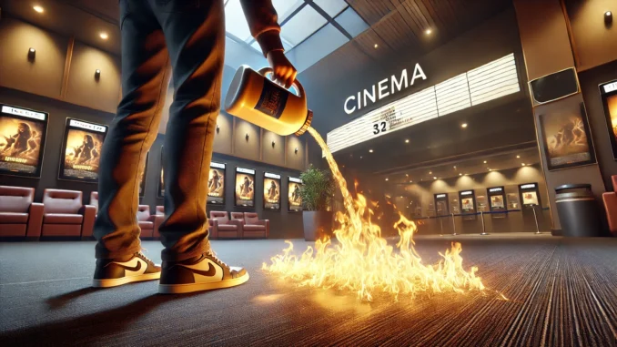 Ein Mensch legt gerade einen Brand in einem Kino